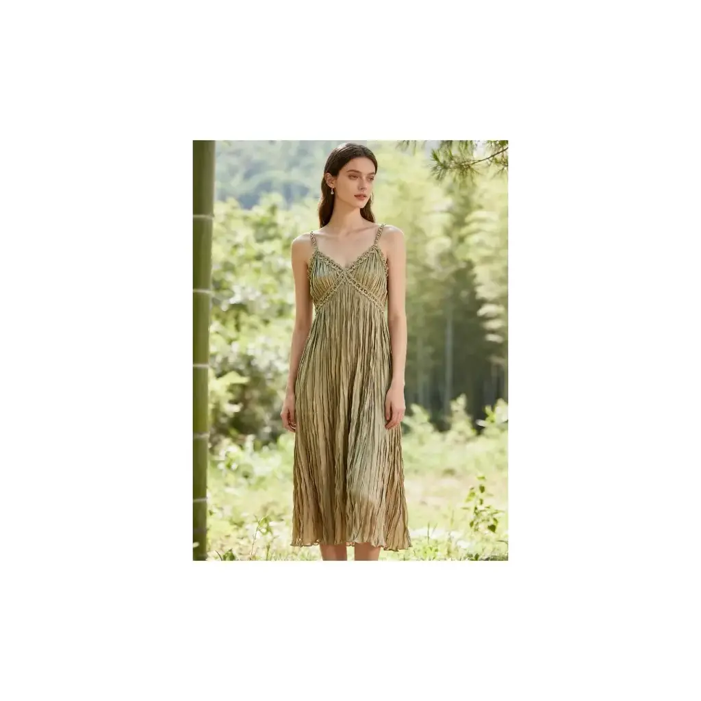 皺褶中長款吊帶裙